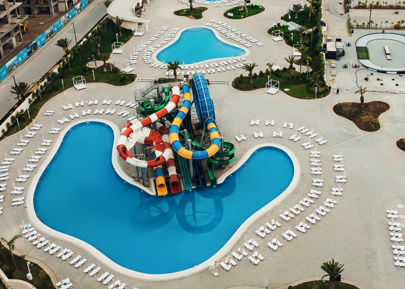The water park from above: the tower of slides in the large pool
